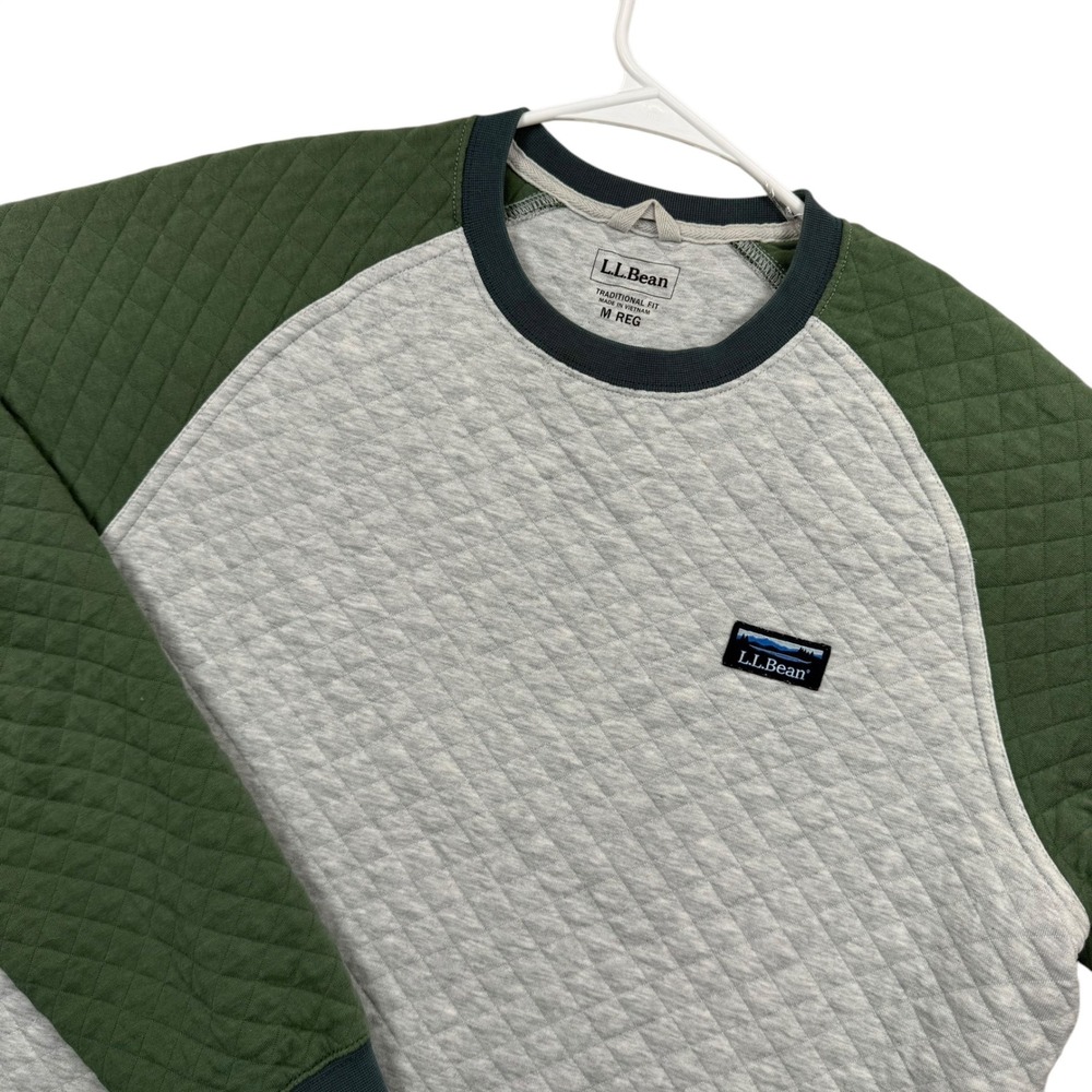 LL Bean Quilted Sweatshirt Mens M Gray Green Raglan Pullover 513672